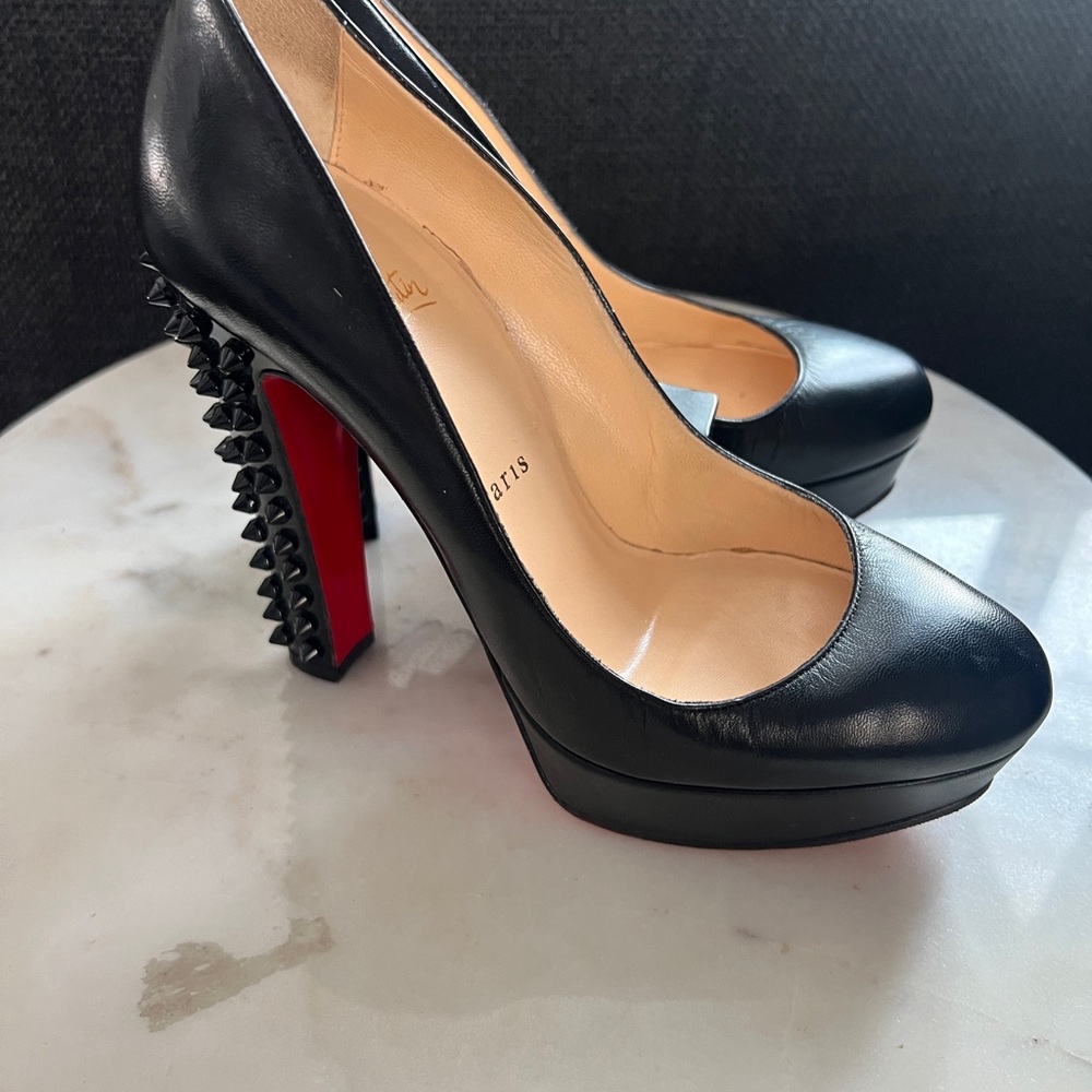 christian louboutin wedge platform studded spiked black pump womens - Picture 2 of 5